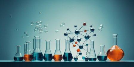 Material science lab setup with chemical flasks and molecule model.の素材