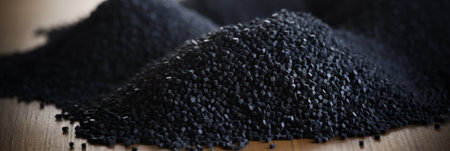 Macro shot of black polypropylene polyamide granules.の素材