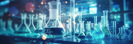 Laboratory flasks and beakers in a material science research setting.の素材