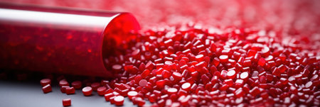 Close-up of red polypropylene polyamide granules.の素材
