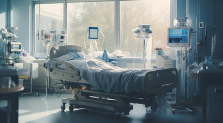 Modern hospital room with equipment and patient bed.の素材