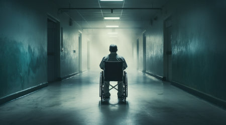 Back view of a person in a wheelchair in hospital hallway.の素材