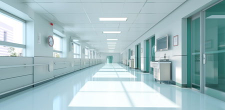 Empty, modern corridor inside a hospital building with sunlight.の素材