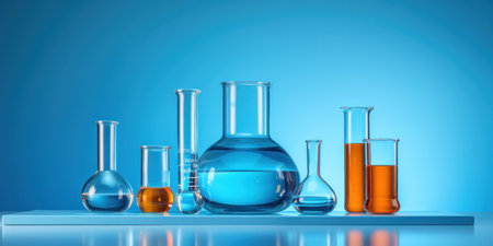 Material science equipment with colorful liquids on blue.の素材