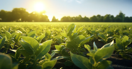 Warm sunrise illuminating a young crop field.の素材