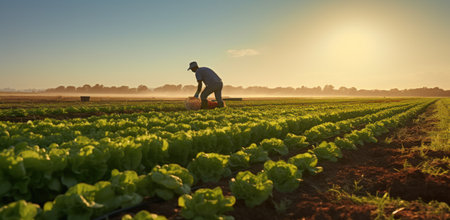 Rural worker tends crops at dawn, exemplifying rural development.の素材