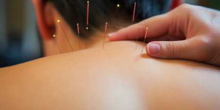 Person receiving traditional Chinese medicine acupuncture.の素材