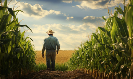 A farmer surveys a field, symbolizing rural development.の素材