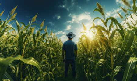 Rural development scene with farmer in cornfield.の素材