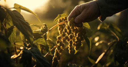 Hand tending to crops in golden rural settingの素材
