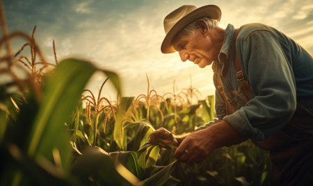 An elderly farmer tends to corn plants at sunset.の素材