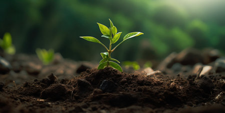 Small plant sprouting in rural soil signifies growth.の素材