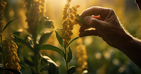 A hand gently touches a plant in a sunlit field.の素材