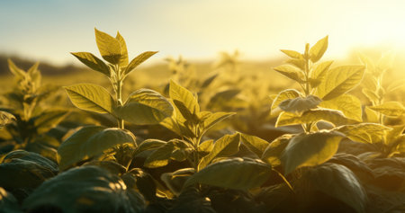 Rural development with sunlight on young crops.の素材
