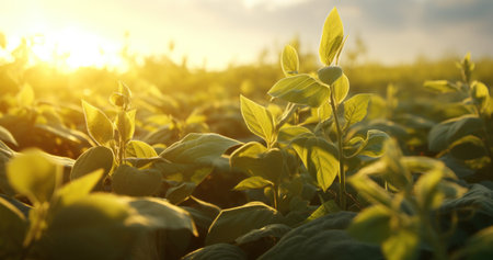 Gleaming dawn lights up a flourishing rural crop field.の素材