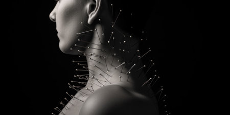 Close-up of acupuncture needles in skin for pain relief.の素材