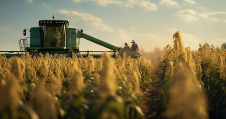 Farmers and combine harvester at sunset in rural area.の素材