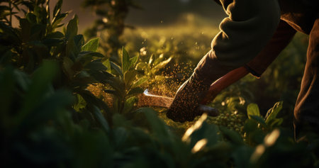 Person tending crops in golden rural backdrop.の素材