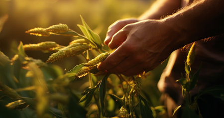 Close-up of a hand touching wheat in a rural setting during sunset, symbolizing rural development and sustainable agriculture.の素材