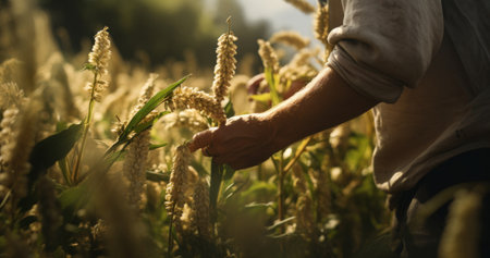 Farmer handpicks crops, embodying rural development.の素材