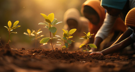 Hands nurturing plants, symbolizing rural development.の素材