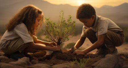 Children engage in rural development by planting.の素材