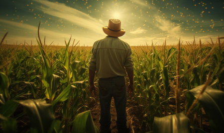 Farmer in hat stands amidst crops under the sky.の素材