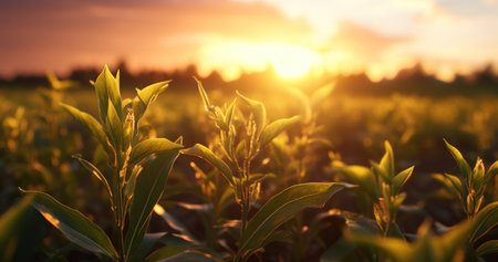 Rural development with crops at sunset.の素材