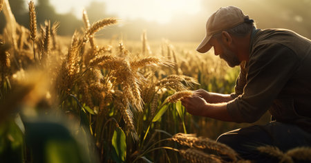 A farmer inspecting wheat in glowing rural field.の素材