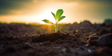Young plant emerging in rural soil at sunrise.の素材