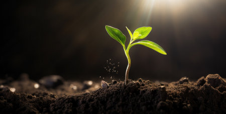 Young plant sprouting in soil depicts rural development.の素材