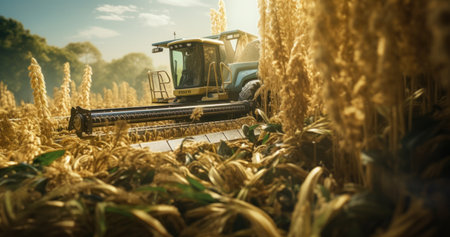 Combine harvester reaps crops in the golden field.の素材