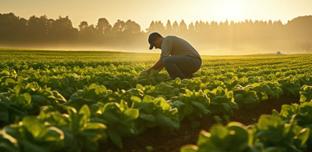 Farmer inspects crops in a sunrise rural scene.の素材