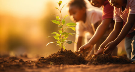 Children engage in tree planting symbolizing rural development.の素材