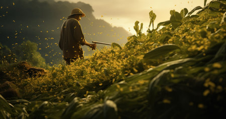 Rural development scene with farmer in field at sunset.の素材
