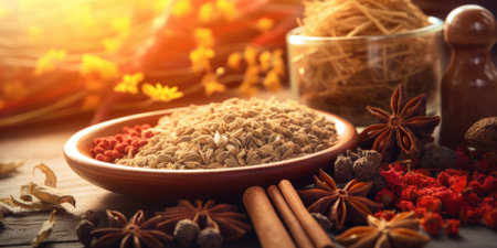 Assorted herbs used in traditional Chinese medicine.の素材