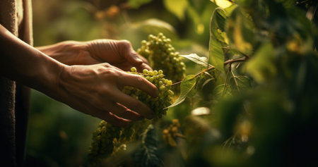 Hands picking grapes for rural development.の素材
