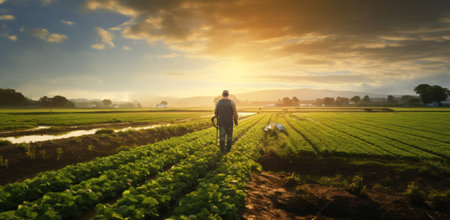 Farmer in field symbolizing rural development at sunrise.の素材