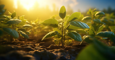 Young crops bask in sunrise, symbolizing rural progress.の素材