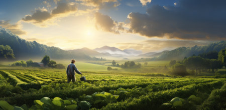 Idyllic scene of rural development with farmer in field.の素材