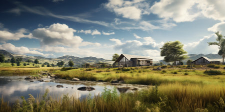 Modern rural development amidst serene nature.の素材