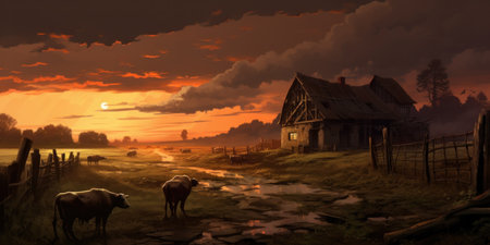 Serene sunset over a developing rural area.の素材