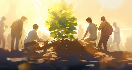 Locals collaborating on tree planting for rural development.の素材