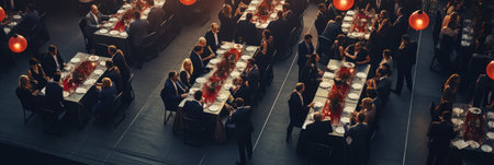 Top view of a corporate event with gala dinner.の素材