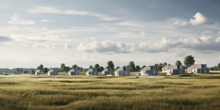 Small modern houses amidst a serene rural landscape.の素材