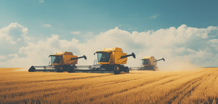 Combines working in a golden wheat field.の素材