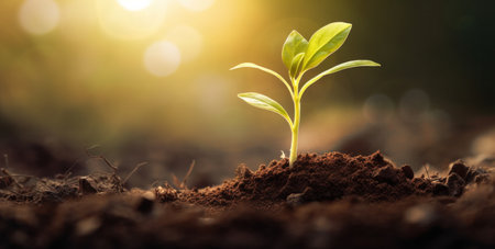Young plant emerging in rural development setting.の素材