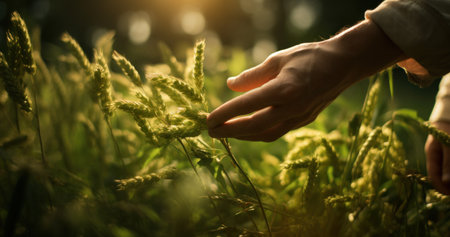 Close-up of a hand touching wheat in sunlight.の素材
