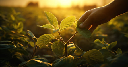 Hand nurturing young plant in rural field.の素材