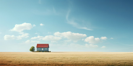Rustic house on vast farmland signifies rural development.の素材
